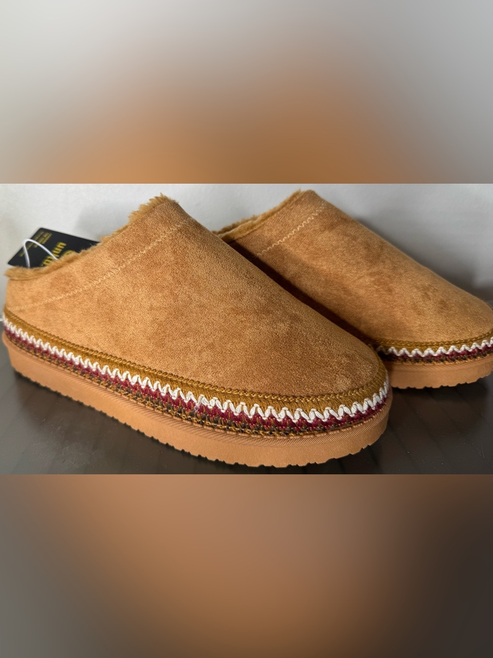 Ecko Unlimited Tan Suede Slip-On Mules with Multicolor Trim fuzzy lining comfy
